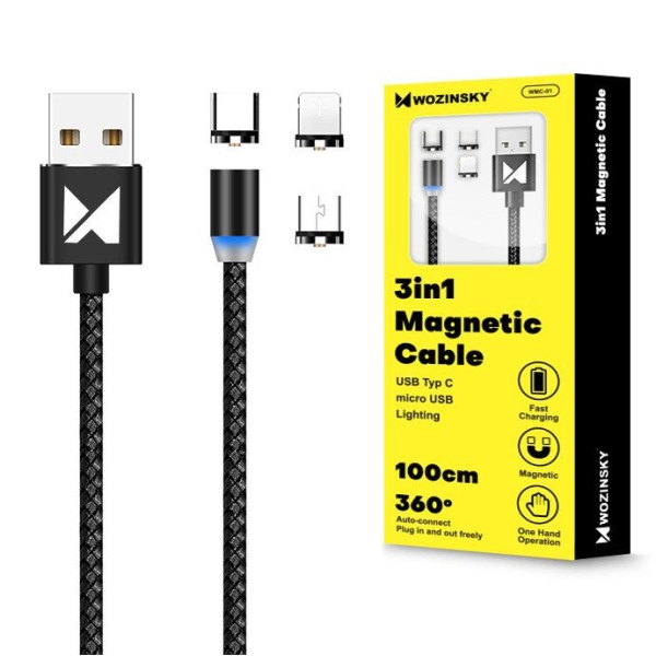 Cablu Magnetic 3in1 Model Nylon Impletit cu LED. Culoare Negru